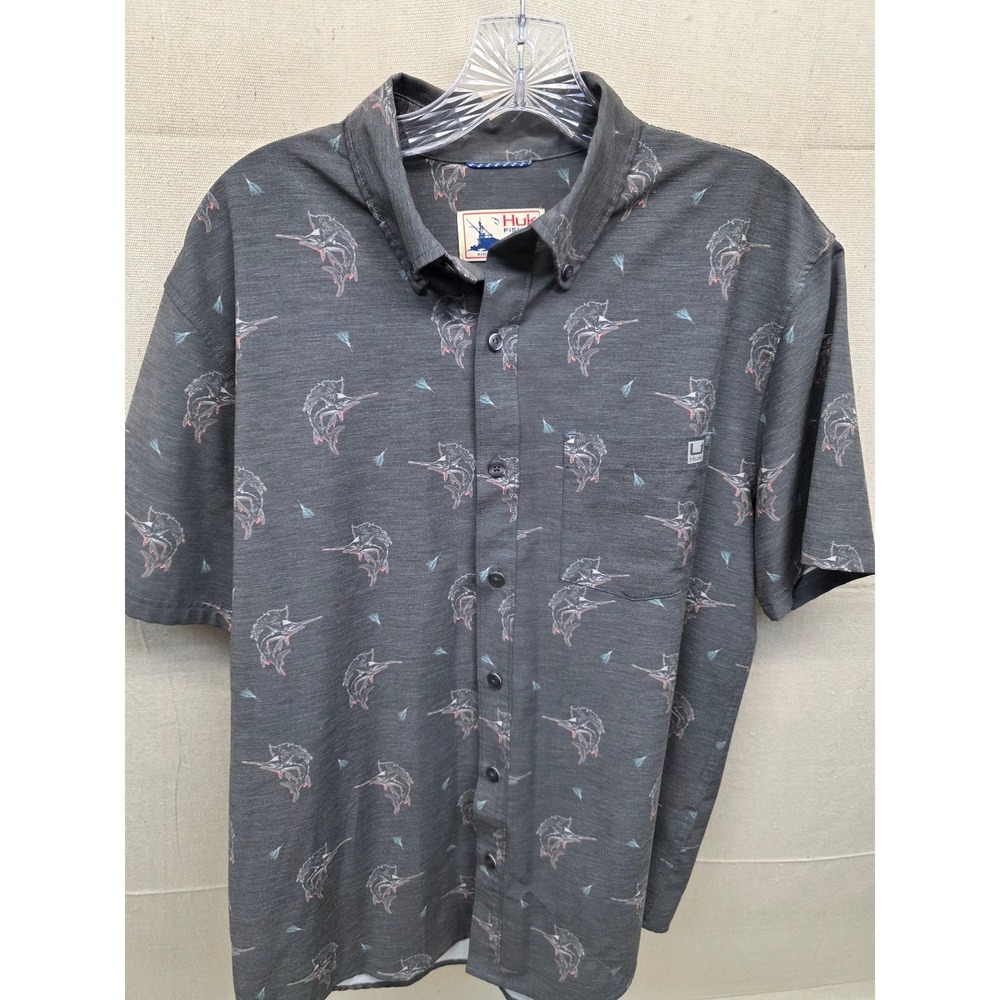 Huk Fishing Shirt Mens M Gray Marlin Print Short Sleeve Button‎ Down Performance